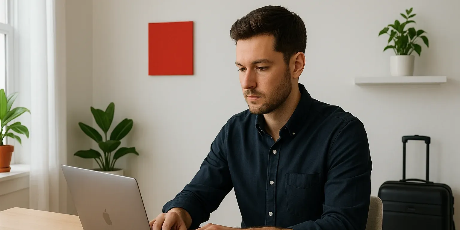 Giovane freelance con partita iva al lavoro in un appartamento moderno a Milano, seduto a una scrivania con laptop e tazza di caffè